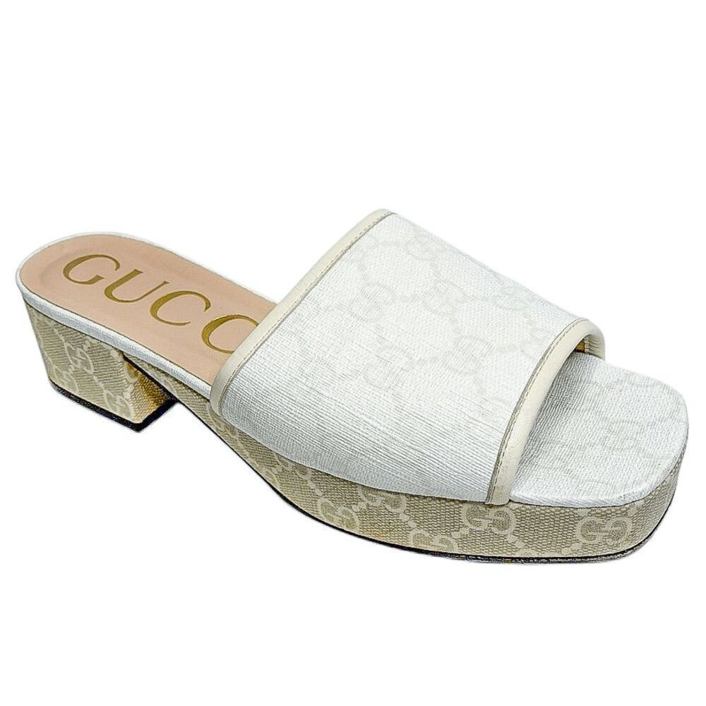 Gucci Malaga Kid Double GG Logo Monogram Platform Mule Slides Mystic White EU 37